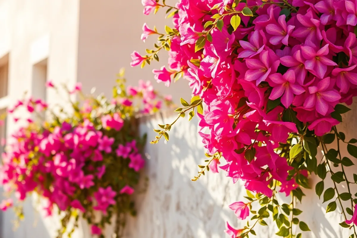 Close-up of vibrant pink bougainvillea cascading over a white stone wall under a bright May sun
